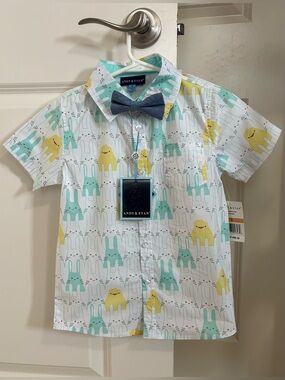 Andy & Evan Boys 2pc Button Down Shirt Bow Tie Easter Chicks Aqua Bunny Sz 5 NWT